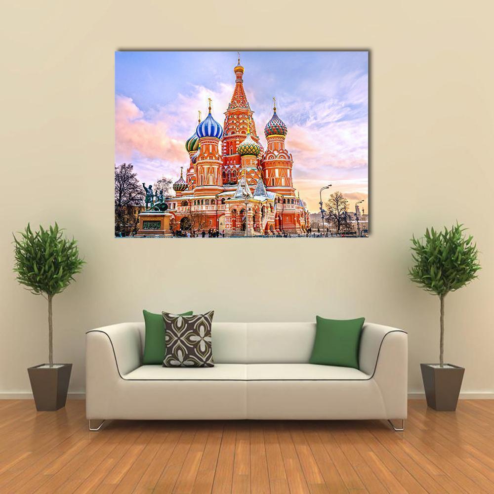 Saint Basil's Cathedral at Sunset, Red Square Canvas Wall Art in red, orange and blue, single panel hung on a wall