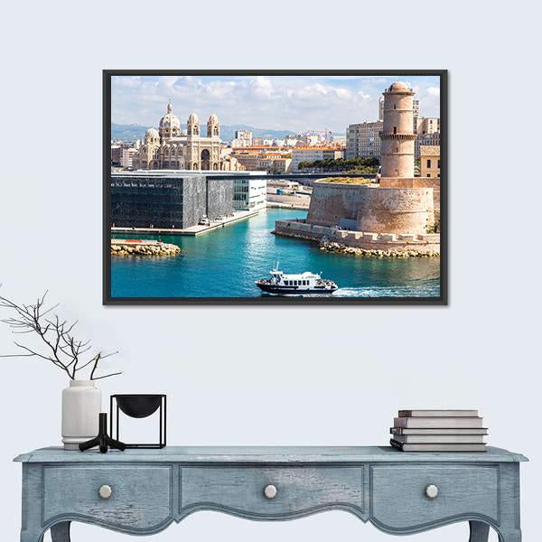 Saint Jean Castle And Cathedral De La Major Canvas Wall Art-1 Piece-Floating Frame-24" x 16"-Tiaracle
