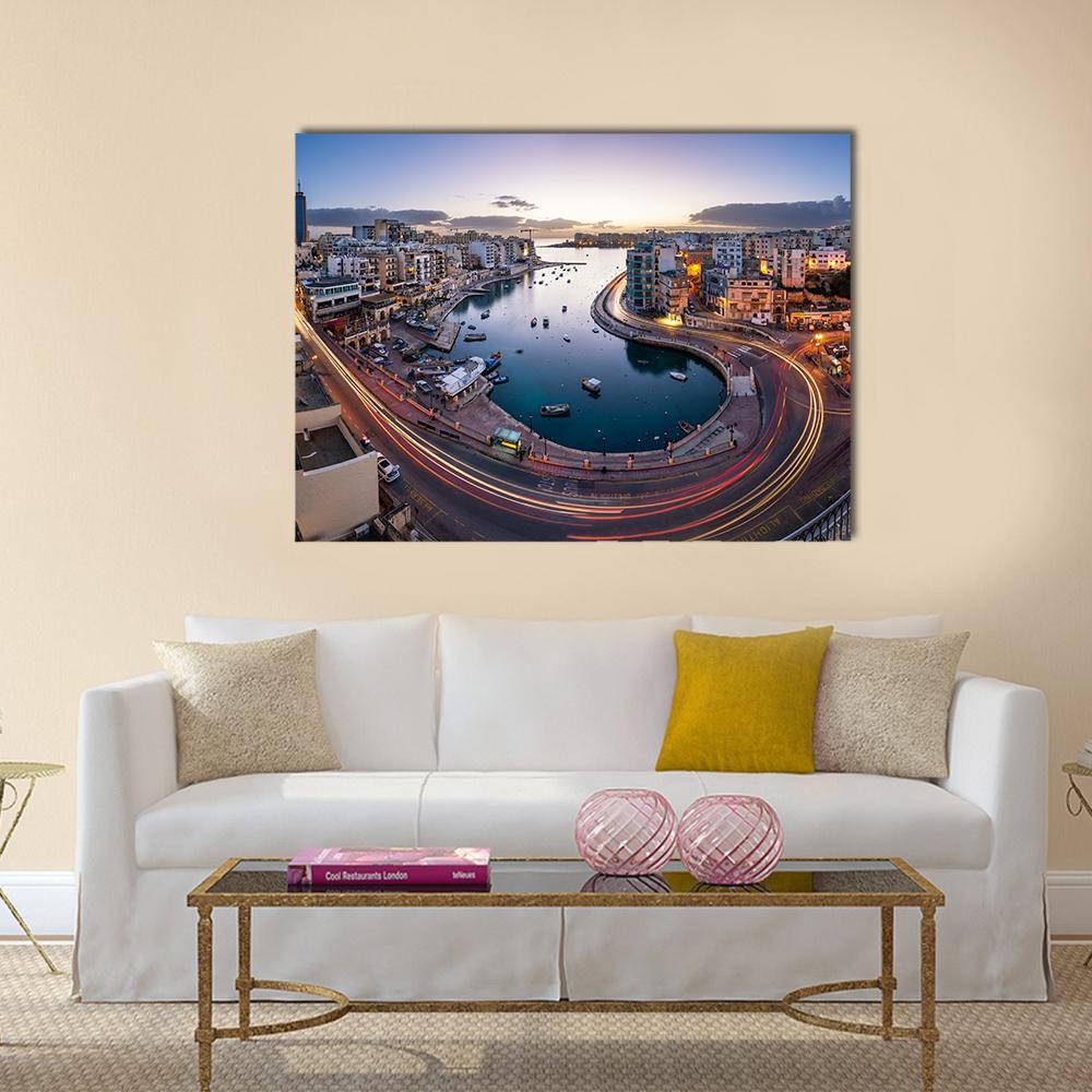 Saint Julien and Spinola Bay at Dawn Canvas Wall Art in orange, blue and purple, single panel hung on a wall