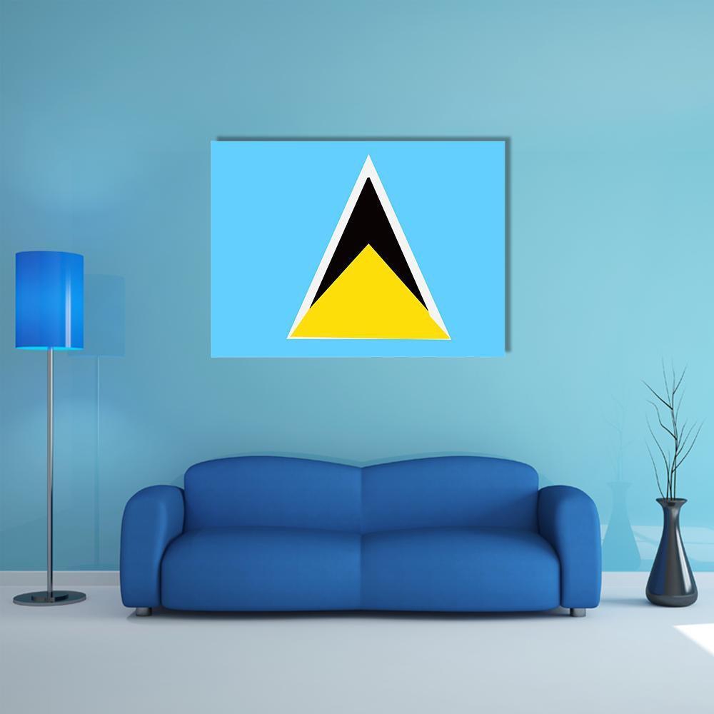 Saint Lucia Flag Canvas Wall Art in black, yellow and blue, single panel hung on a wall