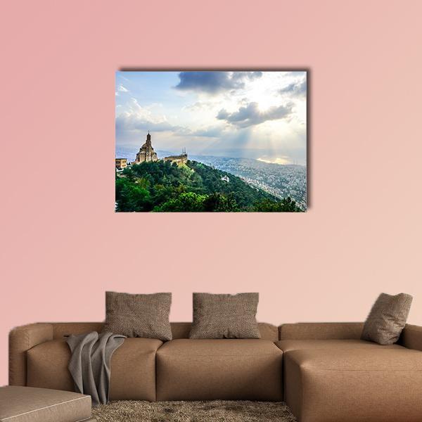 Saint Paul Basilica Jounieh at Sunset Canvas Wall Art in white, green and blue, single panel hung on a wall