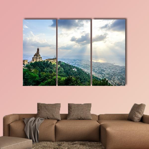 Saint Paul Basilica Jounieh Landscape At Sunset Canvas Wall Art-3 Horizontal-Gallery Wrap-37" x 24"-Tiaracle