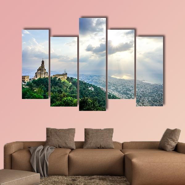 Saint Paul Basilica Jounieh Landscape At Sunset Canvas Wall Art-5 Pop-Gallery Wrap-47" x 32"-Tiaracle