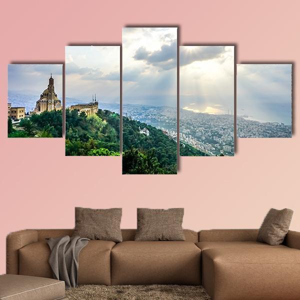 Saint Paul Basilica Jounieh Landscape At Sunset Canvas Wall Art-5 Star-Gallery Wrap-62" x 32"-Tiaracle