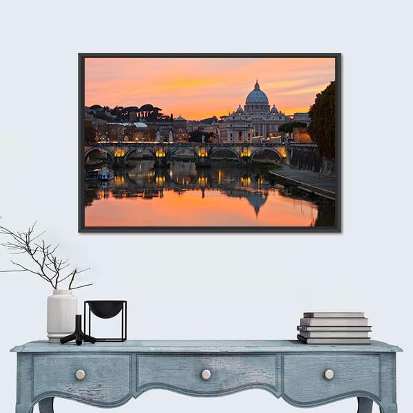 Saint Peter Basilica At Sunset Canvas Wall Art-1 Piece-Floating Frame-24" x 16"-Tiaracle