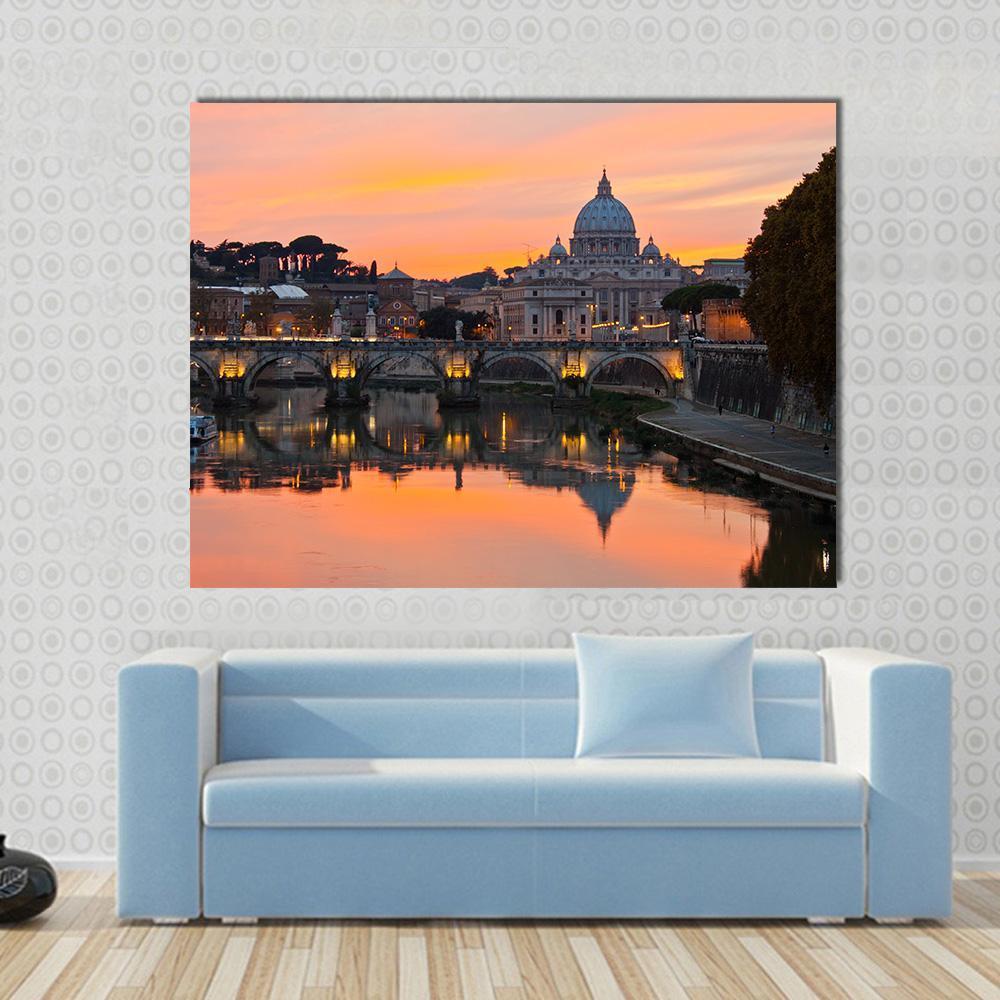 Saint Peter Basilica at Sunset Canvas Wall Art in black, orange and yellow, single panel hung on a wall