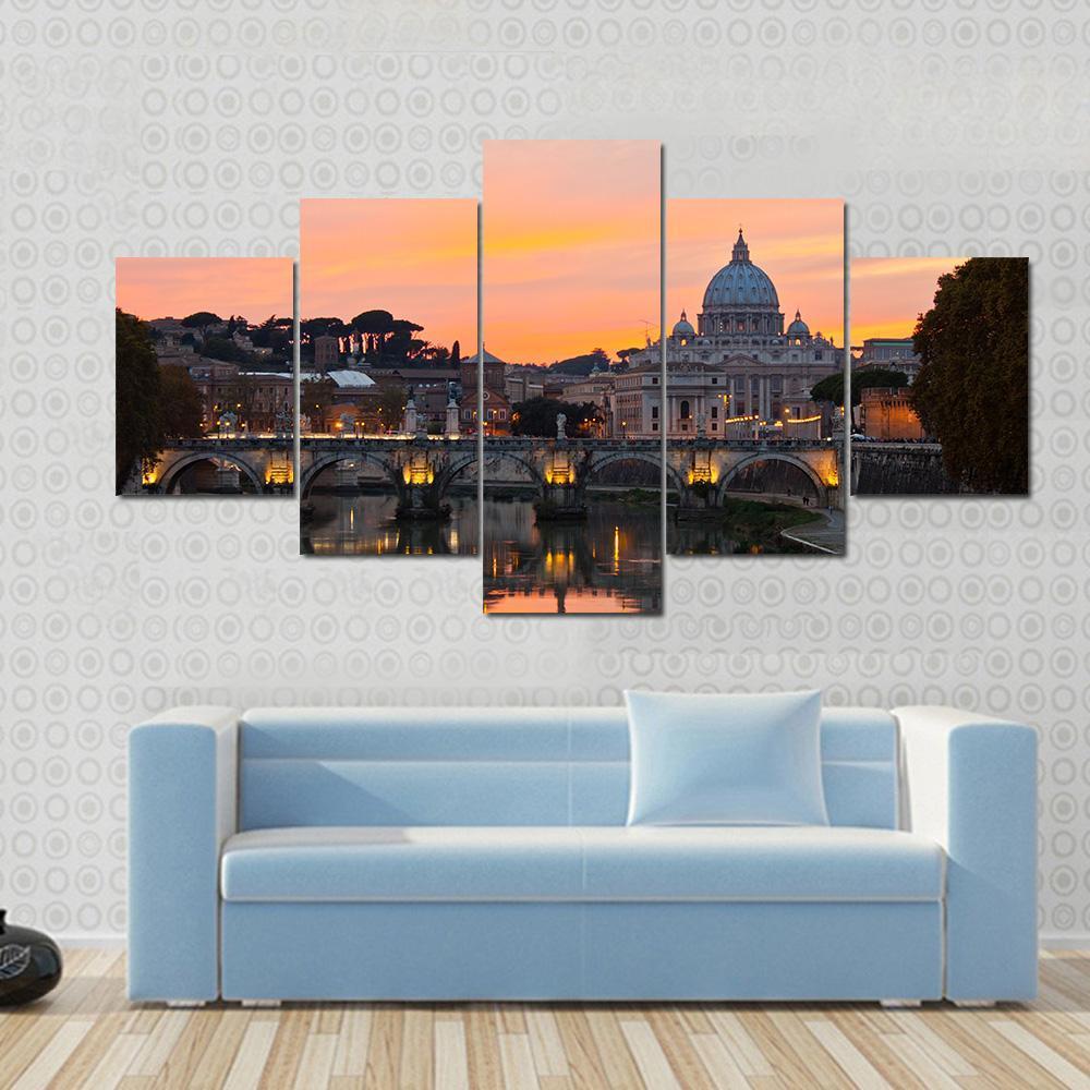 Saint Peter Basilica At Sunset Canvas Wall Art-5 Star-Gallery Wrap-62" x 32"-Tiaracle