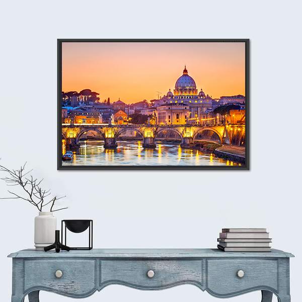 Saint Peter Cathedral At Night In Rome Canvas Wall Art-1 Piece-Floating Frame-24" x 16"-Tiaracle