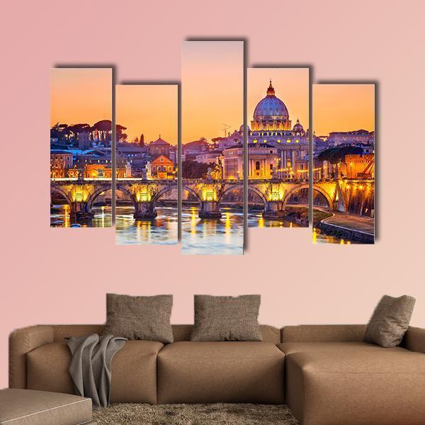Saint Peter Cathedral At Night In Rome Canvas Wall Art-5 Pop-Gallery Wrap-47" x 32"-Tiaracle