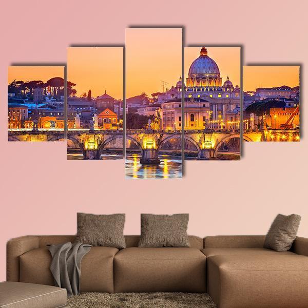 Saint Peter Cathedral At Night In Rome Canvas Wall Art-5 Star-Gallery Wrap-62" x 32"-Tiaracle