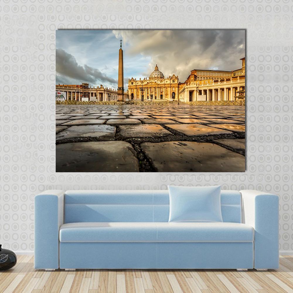 Saint Peter Square and Saint Peter Basilica Canvas Wall Art in gray, yellow and blue, single panel hung on a wall