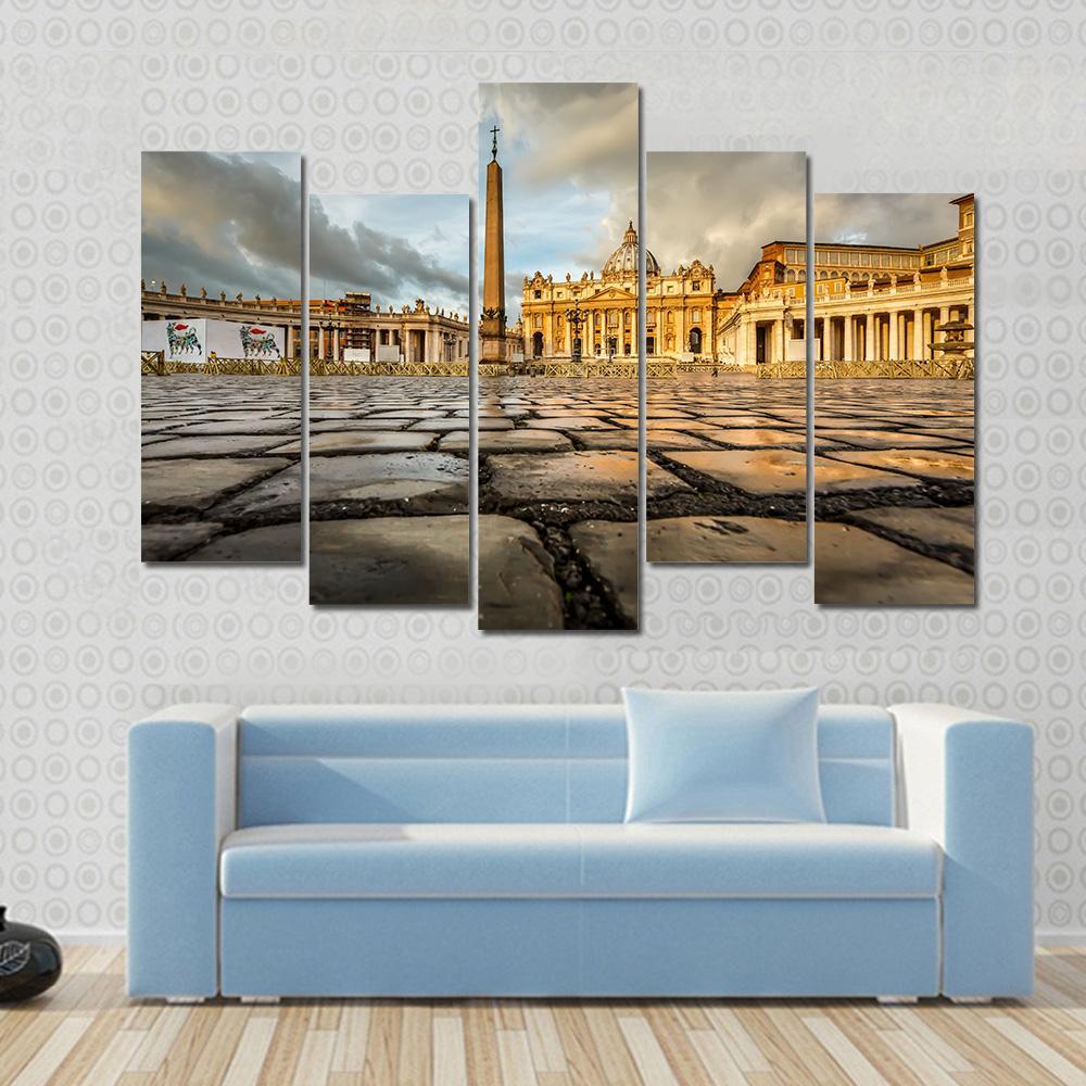 Saint Peter Square And Saint Peter Basilica In The Morning Vatican Canvas Wall Art-5 Pop-Gallery Wrap-47" x 32"-Tiaracle