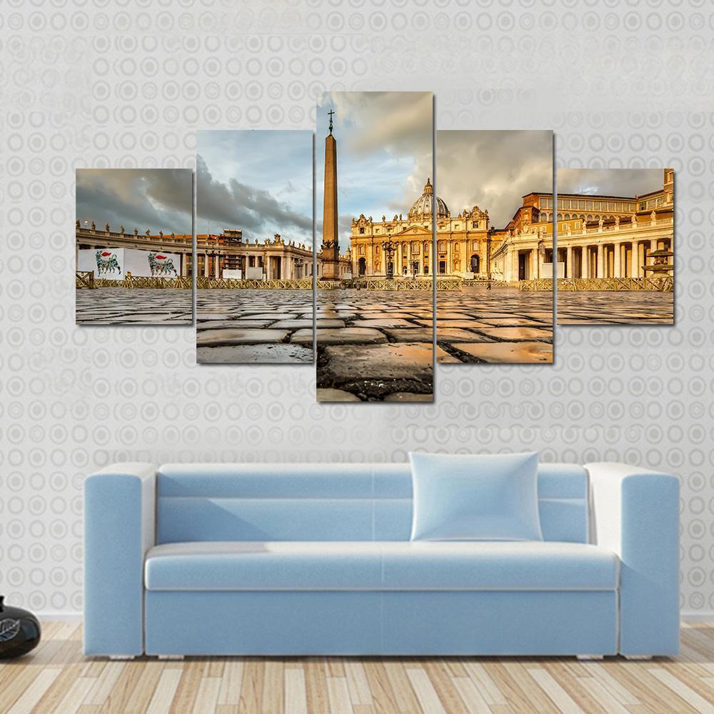 Saint Peter Square And Saint Peter Basilica In The Morning Vatican Canvas Wall Art-5 Star-Gallery Wrap-62" x 32"-Tiaracle