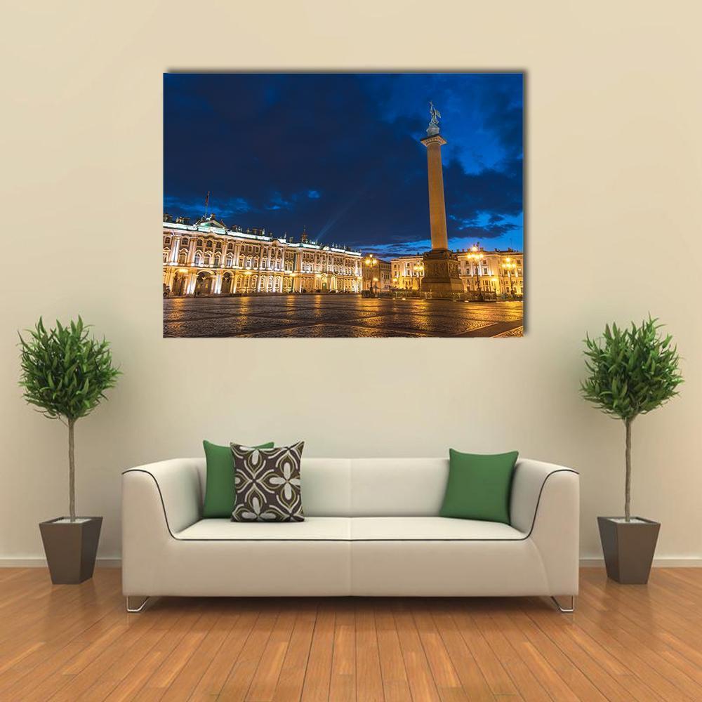 Saint Petersburg Night Skyline with Palace and Column Canvas Wall Art in gold, yellow and blue, single panel hung on a wall