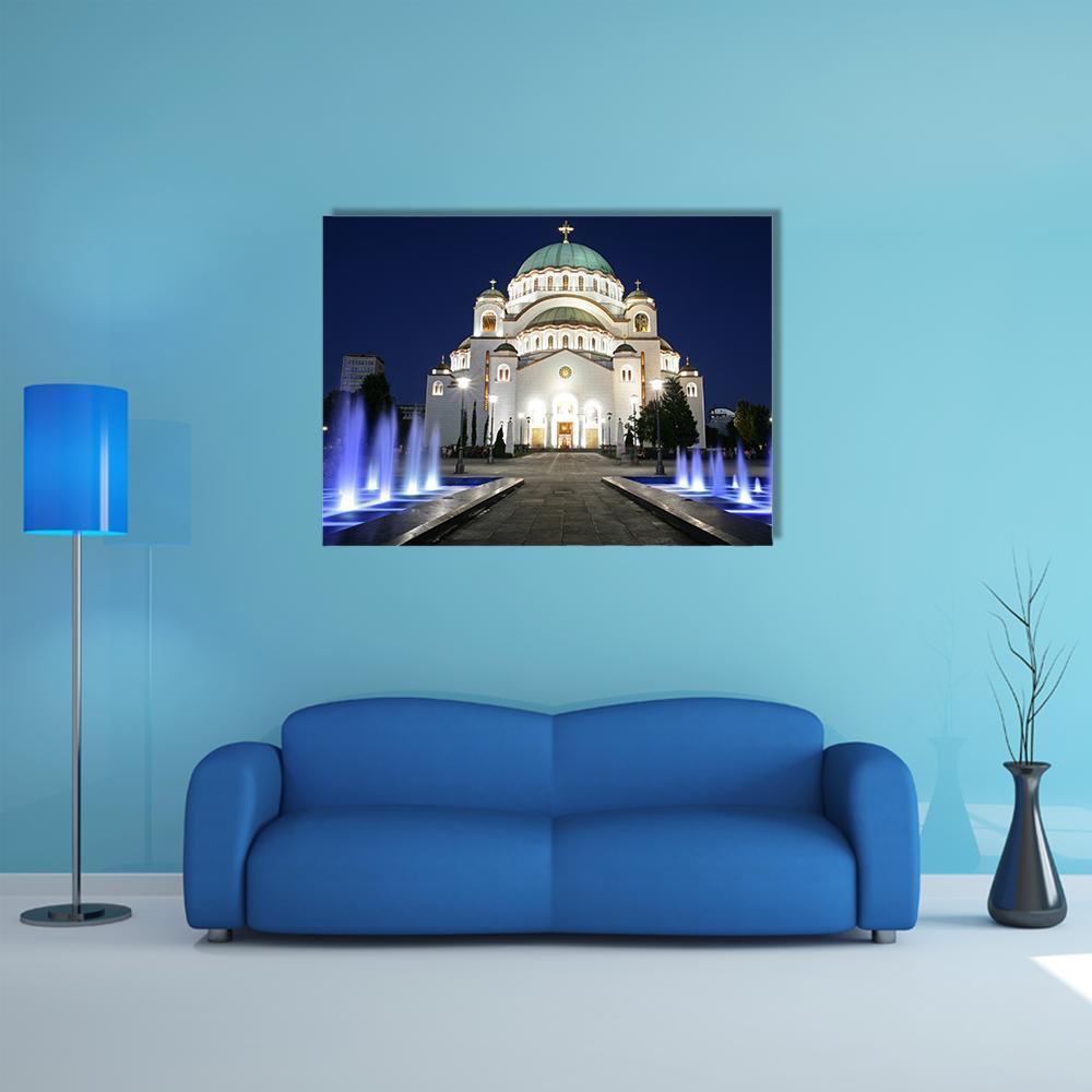 Saint Sava at Evening Canvas Wall Art in black, white and blue, single panel hung on a wall