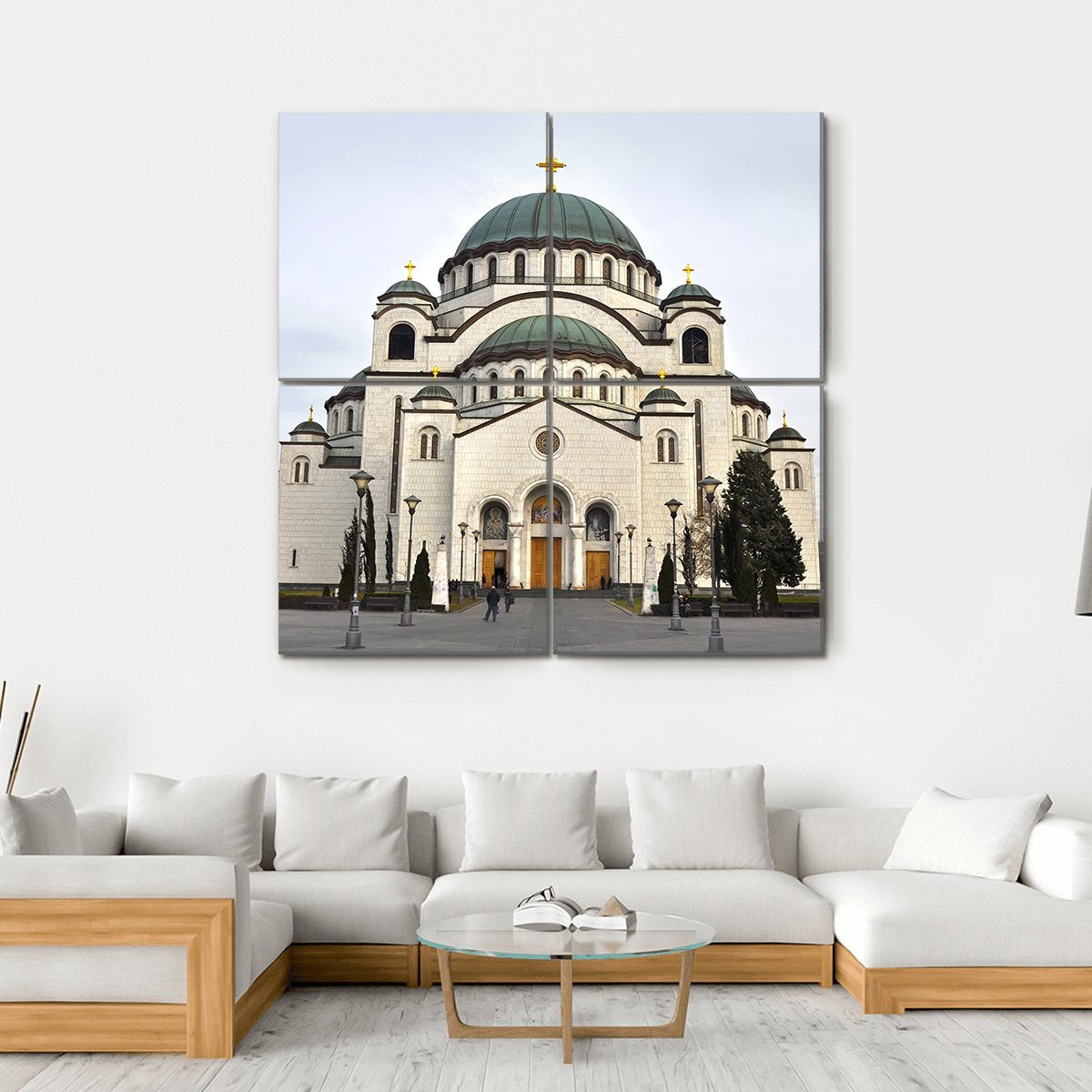 Saint Sava Church Canvas Wall Art in white, gray and green, hung on a wall