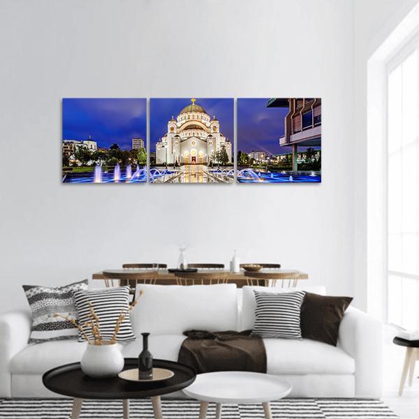 Saint Sava Temple at Night, Belgrade Panoramic Canvas Wall Art in white, gold and blue, hung on a wall