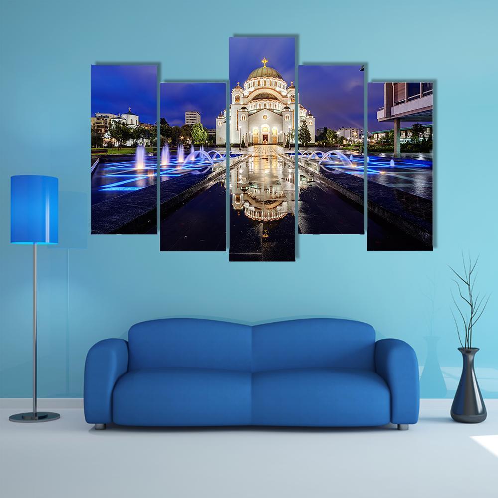Saint Sava Temple With Fountain In Belgrade Canvas Wall Art-5 Pop-Gallery Wrap-47" x 32"-Tiaracle