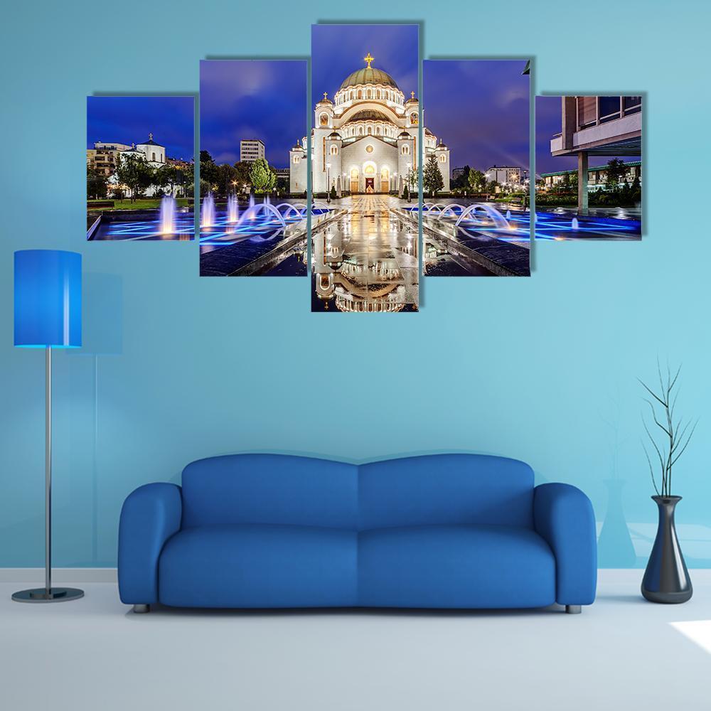 Saint Sava Temple With Fountain In Belgrade Canvas Wall Art-5 Star-Gallery Wrap-62" x 32"-Tiaracle