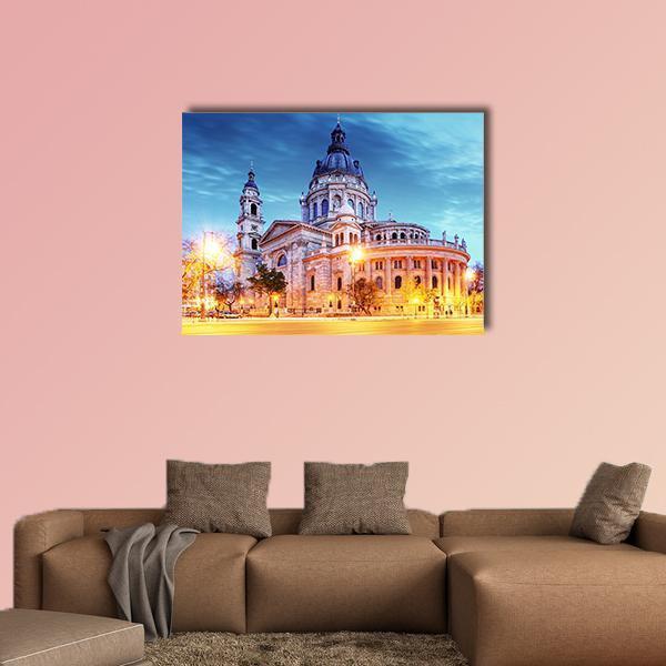 St. Stephen's Basilica, Budapest Canvas Wall Art in orange, yellow and blue, single panel hung on a wall