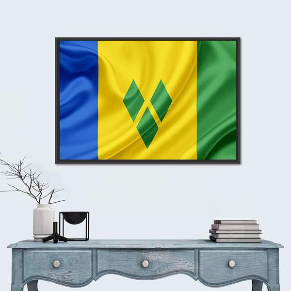 Saint Vincent and the Grenadines Waving Flag Canvas Wall Art in yellow, green and blue, framed canvas, product view on a white background