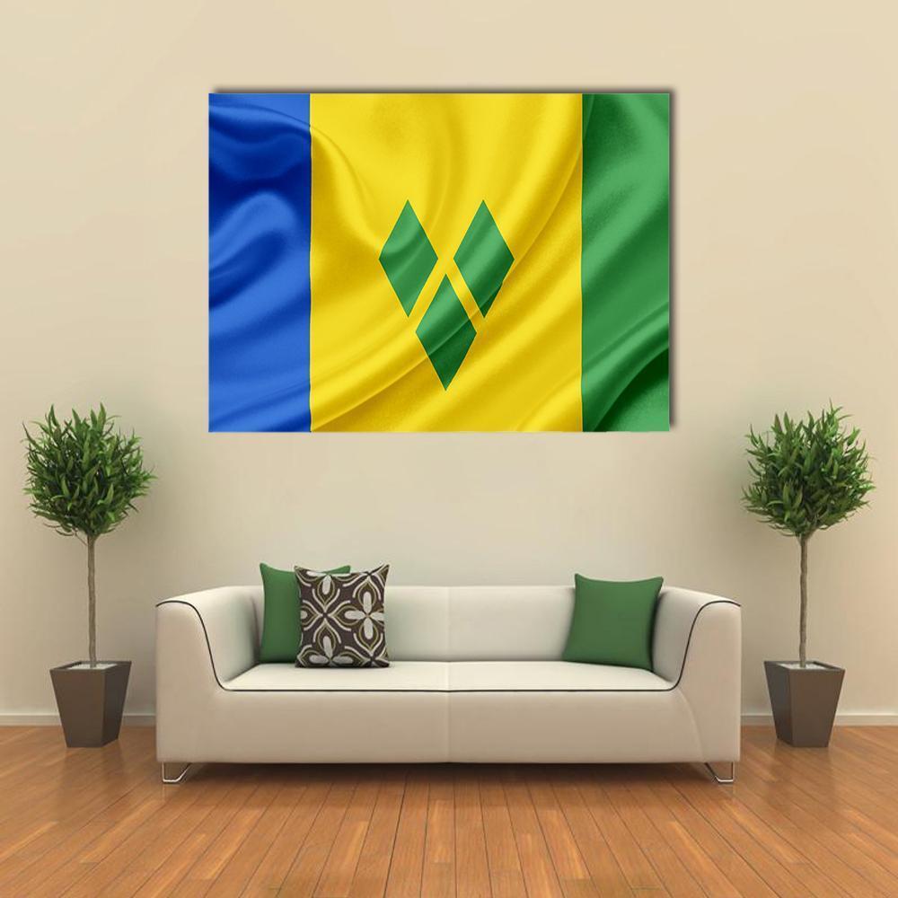 Saint Vincent and the Grenadines Waving Flag Canvas Wall Art in yellow, green and blue, single panel hung on a wall