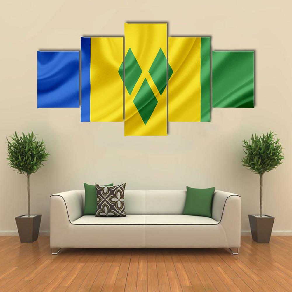 Saint Vincent And Grenadines Waving Flag Canvas Wall Art-5 Star-Gallery Wrap-62" x 32"-Tiaracle