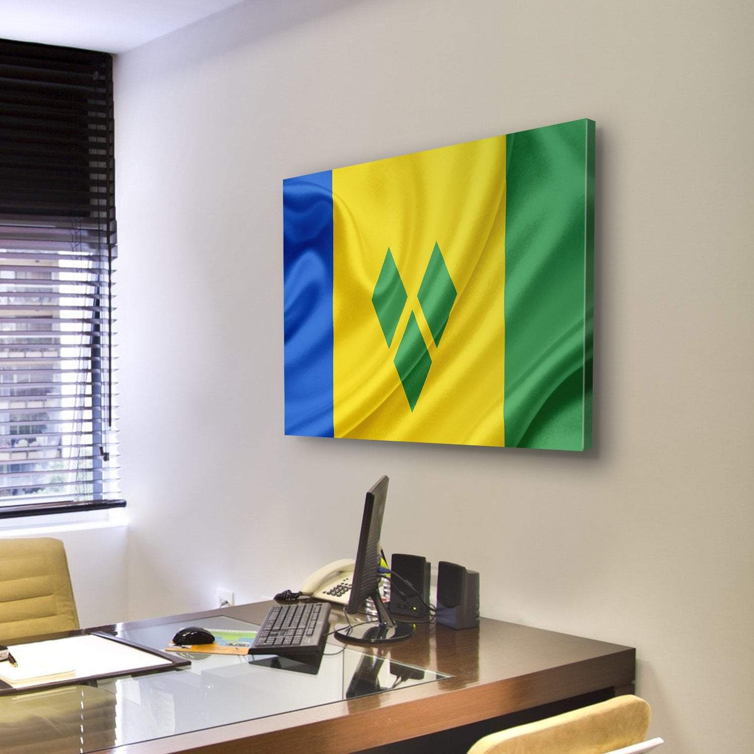 Saint Vincent And Grenadines Waving Flag Canvas Wall Art-3 Horizontal-Gallery Wrap-25" x 16"-Tiaracle