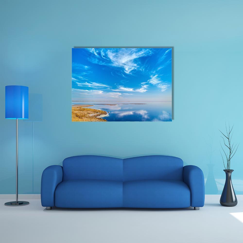 Salt Lake in Tunisia Canvas Wall Art in white, beige and blue, single panel hung on a wall