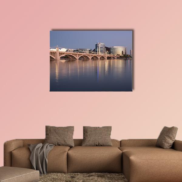 Salt River at Tempe Town Lake Canvas Wall Art in gray, brown and blue, single panel hung on a wall