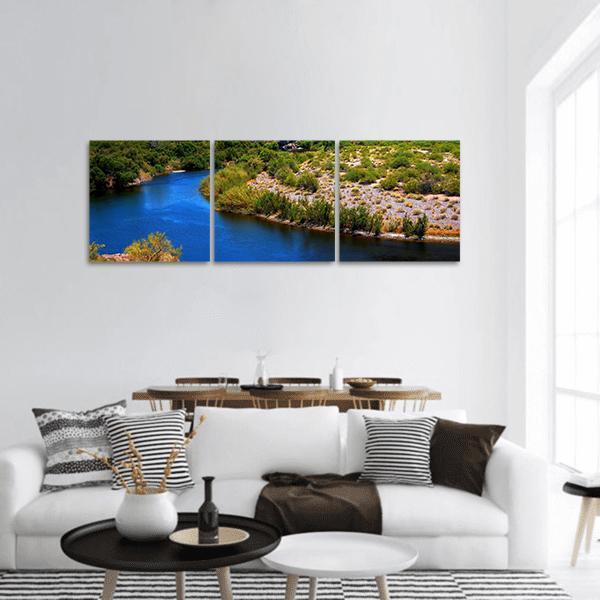 Salt River in Arizona Panoramic Canvas Wall Art in brown, green and blue, hung on a wall