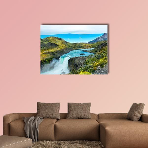 Salto Grande Waterfall Canvas Wall Art in white, green and blue, single panel hung on a wall