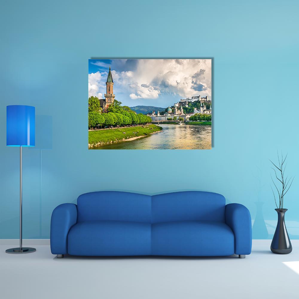 Salzburg Cityscape with Salzach River Canvas Wall Art in white, green and blue, single panel hung on a wall