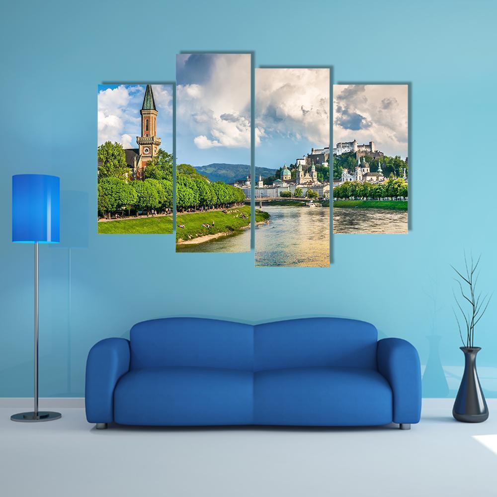 Salzburg Cityscape With Salzach River Canvas Wall Art-4 Pop-Gallery Wrap-50" x 32"-Tiaracle