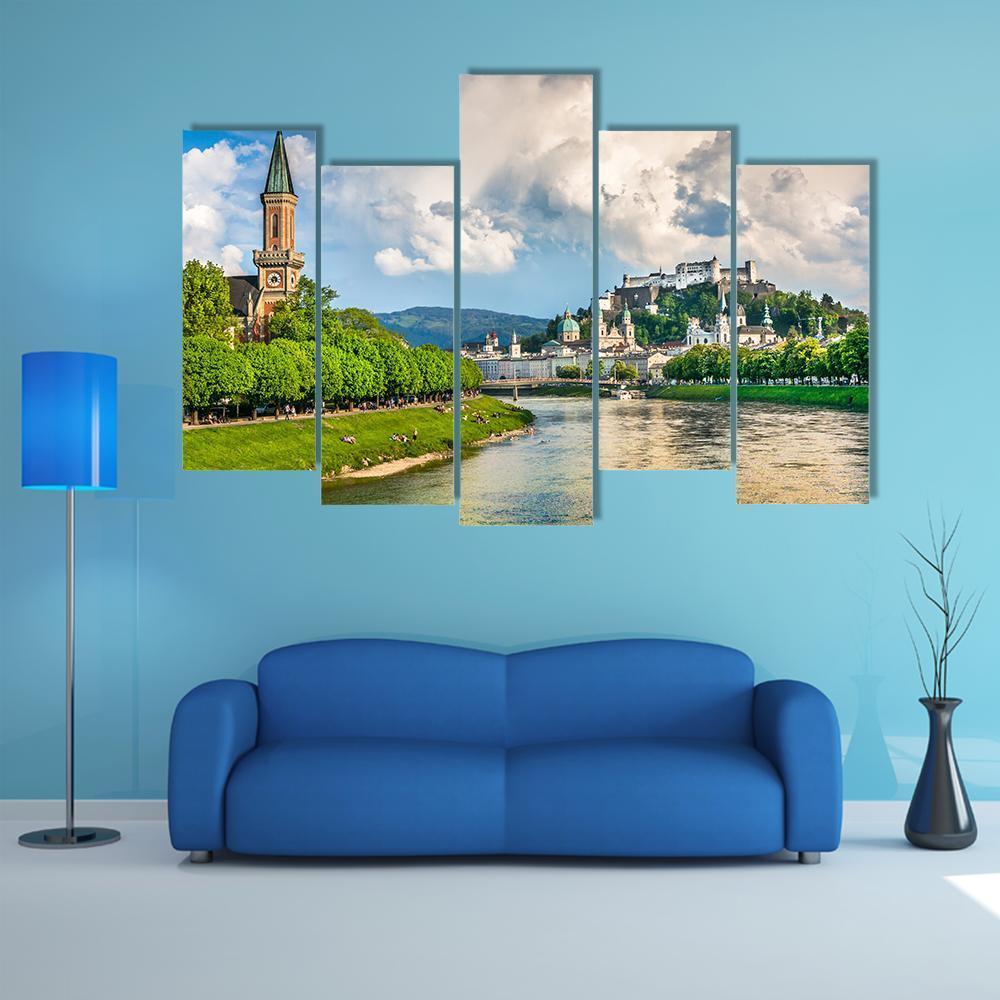 Salzburg Cityscape With Salzach River Canvas Wall Art-5 Pop-Gallery Wrap-47" x 32"-Tiaracle