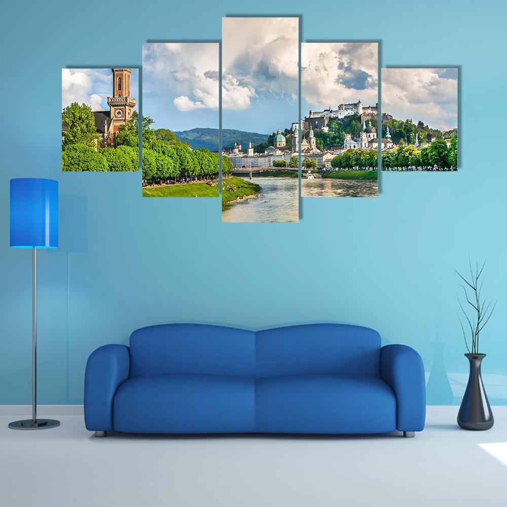 Salzburg Cityscape with Salzach River Canvas Wall Art in white, green and blue, 5 panel Star layout hung on a wall