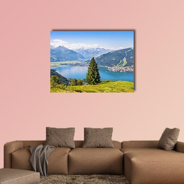 Lake in Salzburger Land Canvas Wall Art in green and blue, single panel hung on a wall