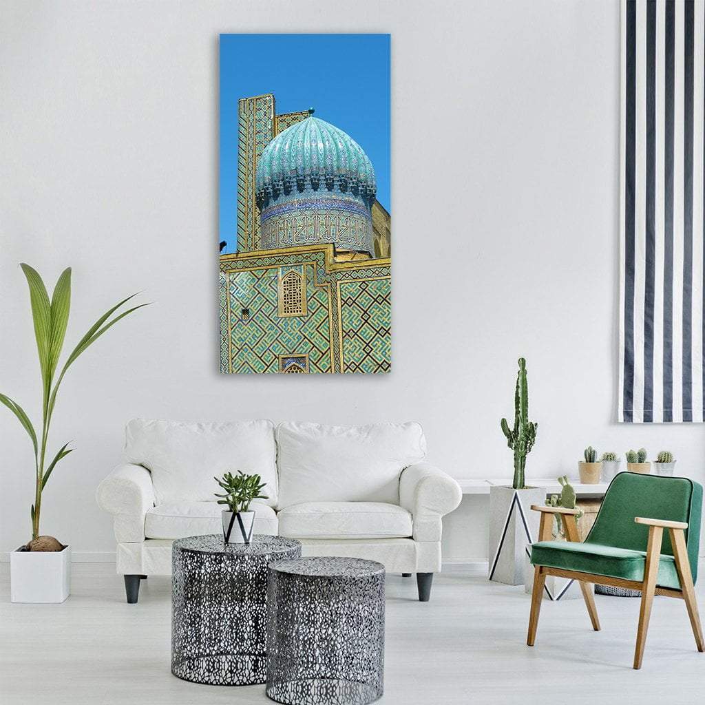 Registan Square Dome and Minaret, Samarkand Vertical Canvas Wall Art in beige, gold and blue, single vertical panel hung on a wall
