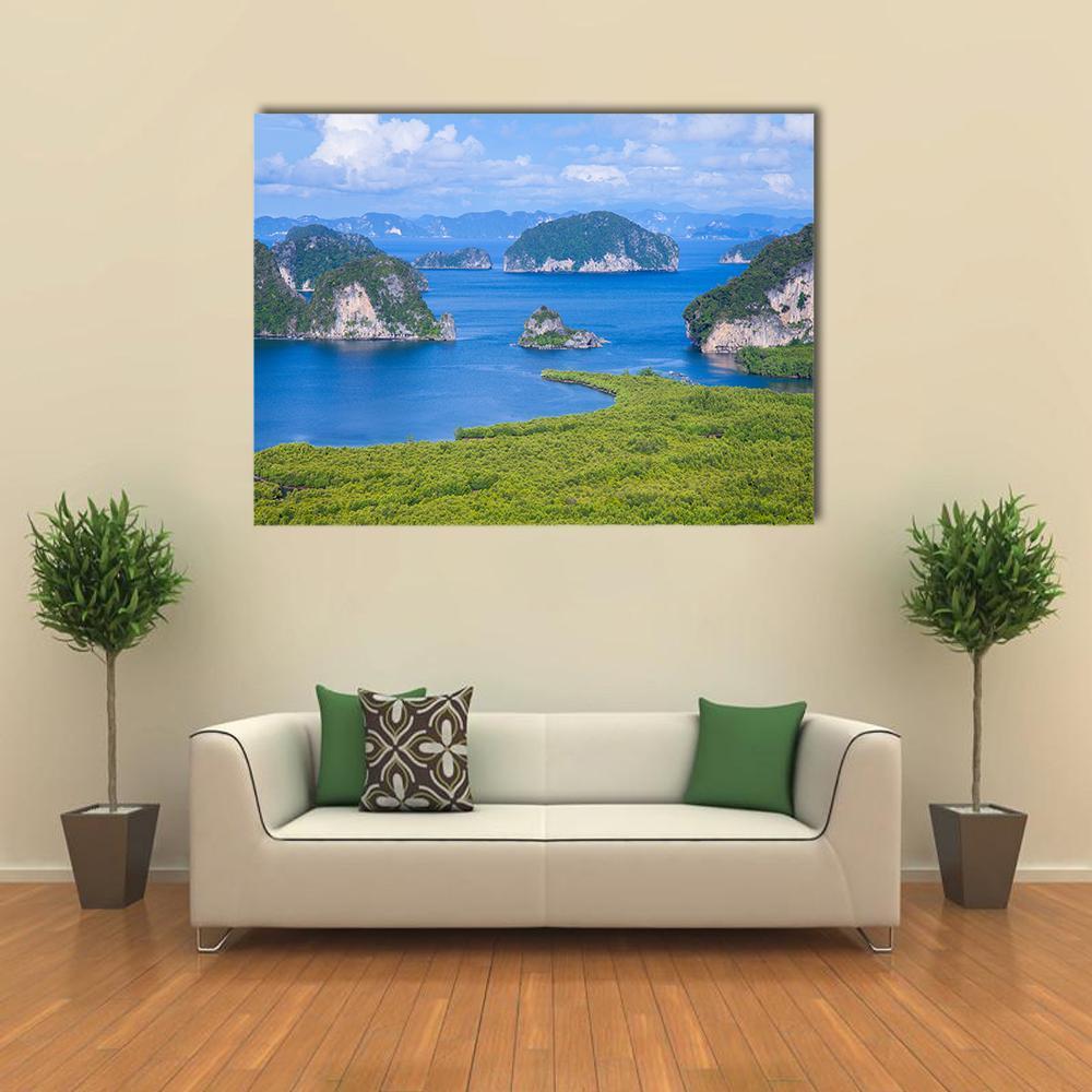 Samed Nang Chee Viewpoint Canvas Wall Art in green and blue, single panel hung on a wall