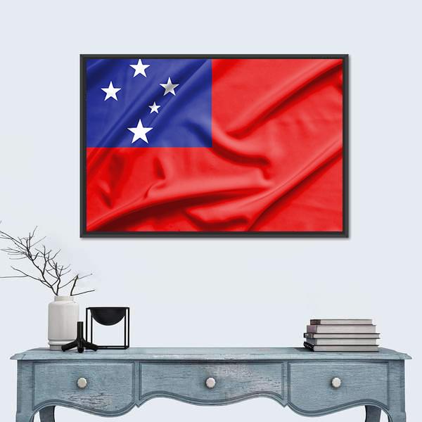 Samoa Flag on Silk Texture Canvas Wall Art in white, red and blue, framed canvas, product view on a white background