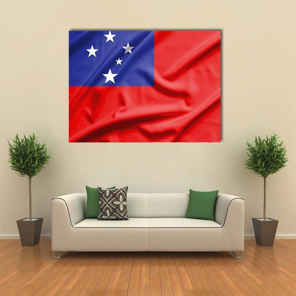 Samoa Flag on Silk Texture Canvas Wall Art in white, red and blue, single panel hung on a wall