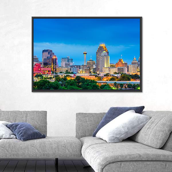 San Antonio Skyline In Texas Panoramic Canvas Wall Art-1 Piece-36" x 12"-Tiaracle