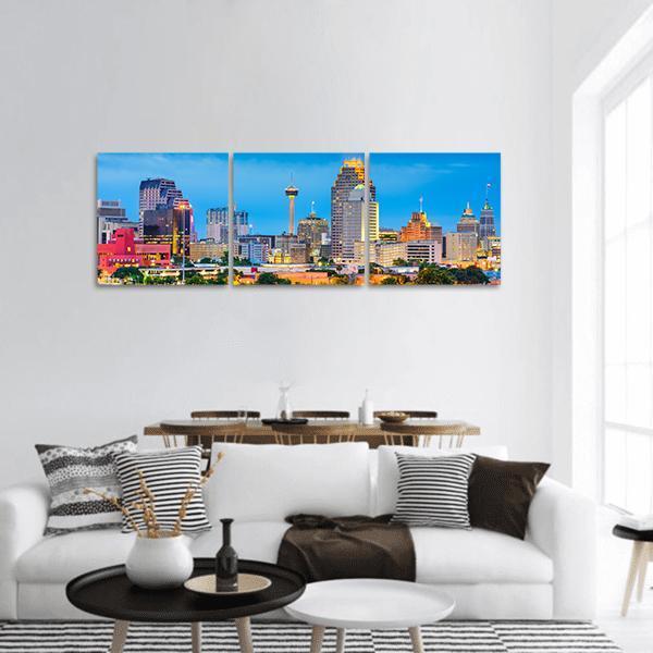 San Antonio Skyline In Texas Panoramic Canvas Wall Art-3 Piece-25" x 08"-Tiaracle