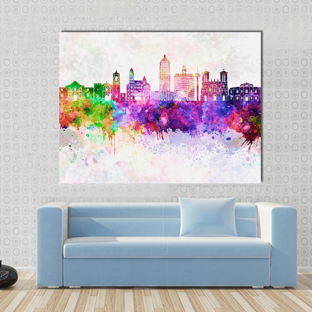San Antonio Skyline Watercolor Abstract Canvas Wall Art in white and multicolor, single panel hung on a wall