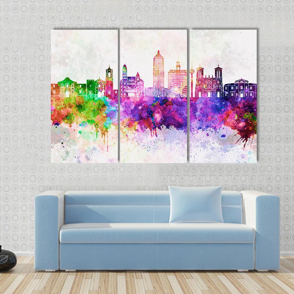 San Antonio Skyline In Watercolor Abstract Canvas Wall Art-3 Horizontal-Gallery Wrap-37" x 24"-Tiaracle