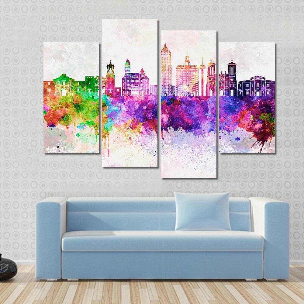 San Antonio Skyline In Watercolor Abstract Canvas Wall Art-4 Pop-Gallery Wrap-50" x 32"-Tiaracle