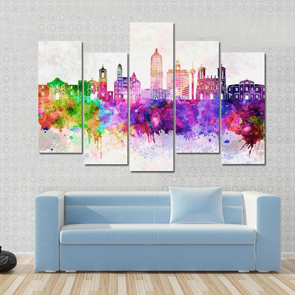 San Antonio Skyline In Watercolor Abstract Canvas Wall Art-5 Pop-Gallery Wrap-47" x 32"-Tiaracle