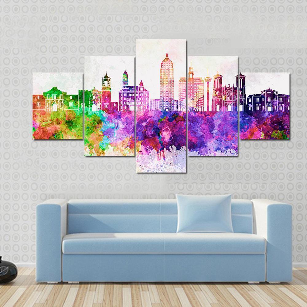 San Antonio Skyline In Watercolor Abstract Canvas Wall Art-5 Star-Gallery Wrap-62" x 32"-Tiaracle
