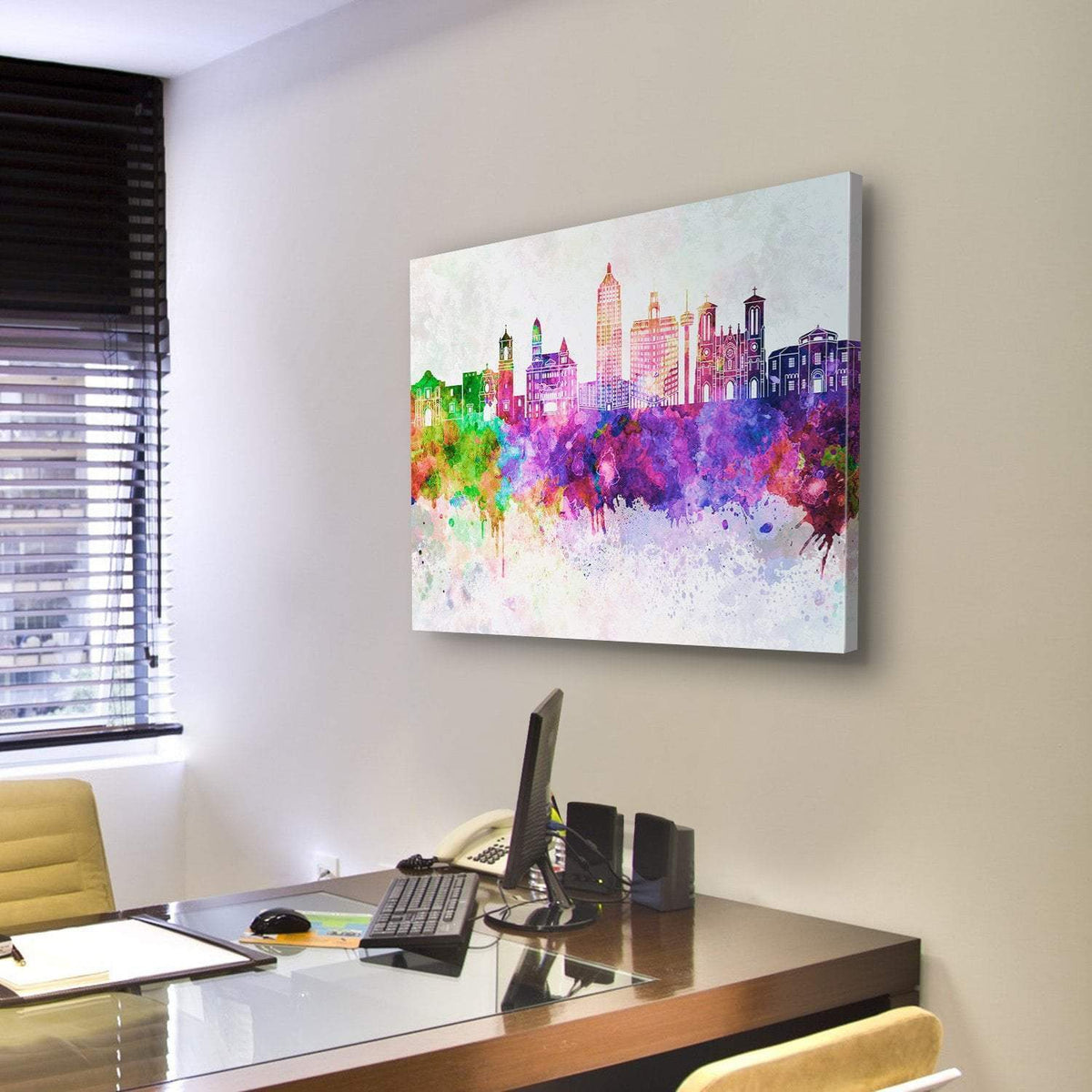 San Antonio Skyline In Watercolor Abstract Canvas Wall Art-3 Horizontal-Gallery Wrap-25" x 16"-Tiaracle