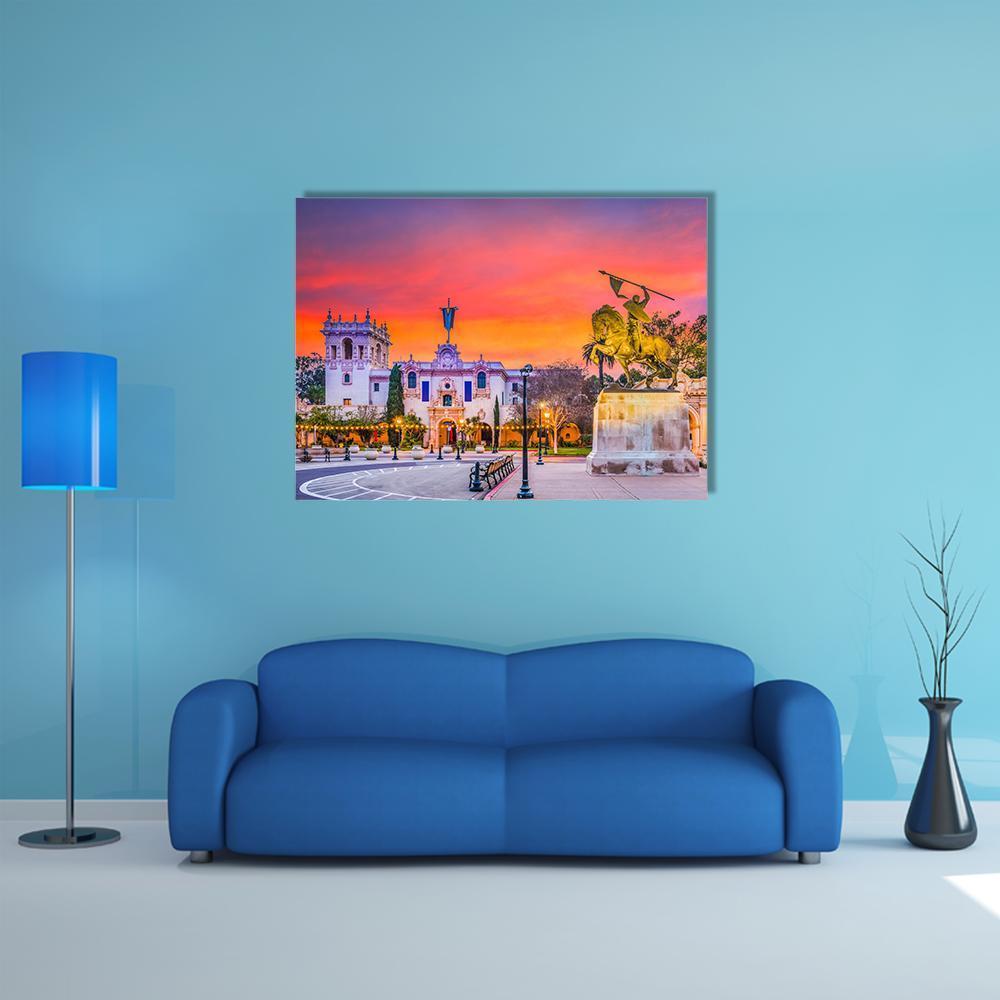 San Diego Cityscape with Equestrian Statue Canvas Wall Art in orange, purple and pink, single panel hung on a wall